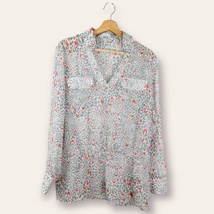 𝅺TRISTAN Womens Semi Sheer Grey Red Arrow Tunic Blouse Size Large Collared